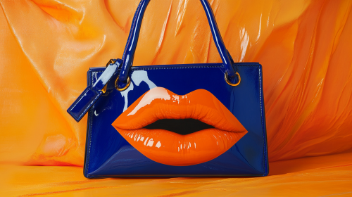 Luxury blue purse with vibrant orange lip print