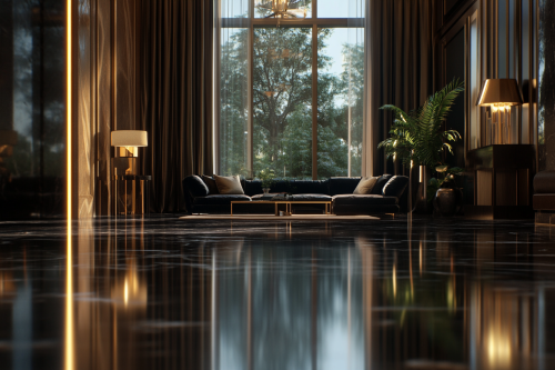 Luxury living room with dark marble, velvet sofas