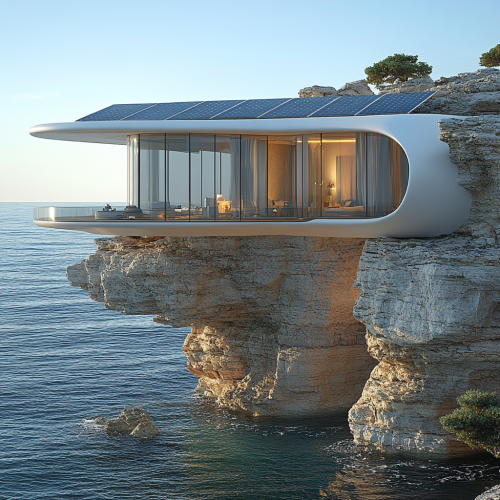 Luxury mansion hanging from cliff near ocean.
