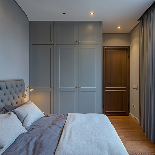 Luxury modern bedroom in townhouse with wardrobe and shelf