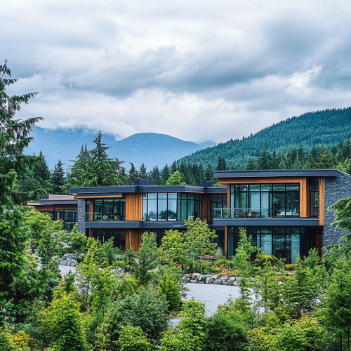 Luxury modern building in North Vancouver with lush forests