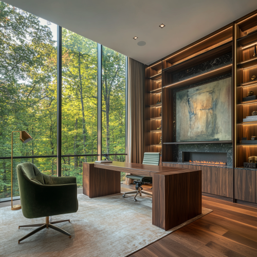 Luxury private office with forest view and modern decor