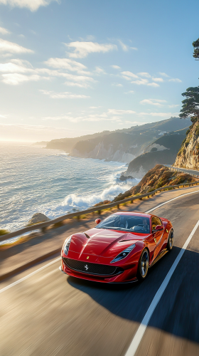 Luxury sports car on coastal highway by cliffs.