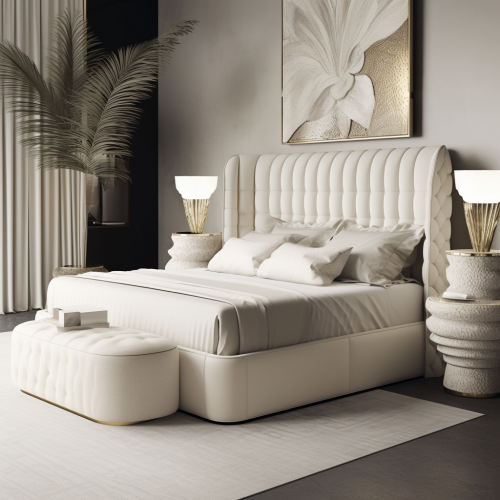 Luxury white bed with oversized headboard and modern design
