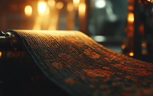 Machine weaves fabric fast with cinematic lighting