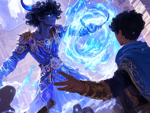 Mage Banishing Minotaur with Spell near Castle.