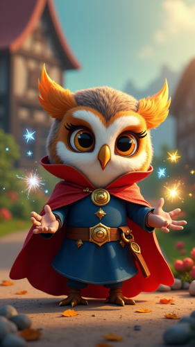 Magical Doctor Owl with Glowing Sigils in Enchanting Farm