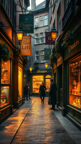 Magical alleyway with shops and festive decorations.