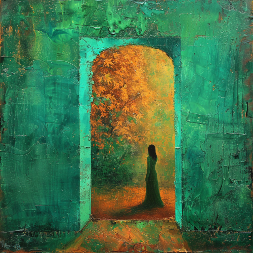 Magical door from summer to fall in nature