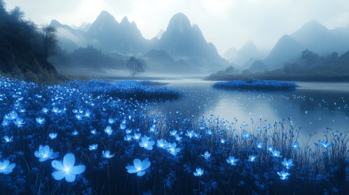 Magical mountains with blue plants and fireflies glow