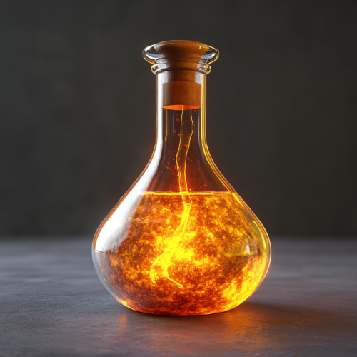 Magical orange glowing mercury in locked flask