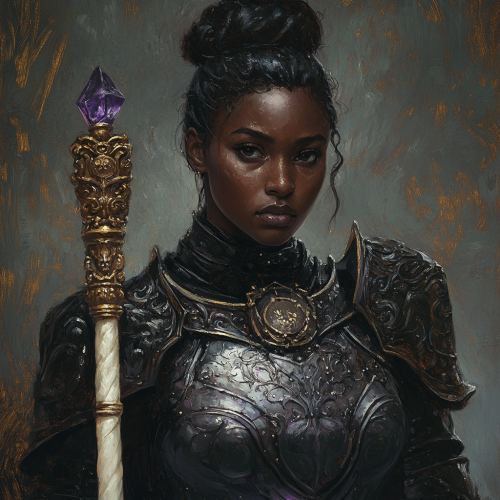 Magical warrior woman in shiny armor and staff.