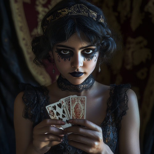 Magician girl in flapper dress plays cards magically.