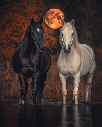 Magnificent black and white horses gallop in moonlit Nordic nature
