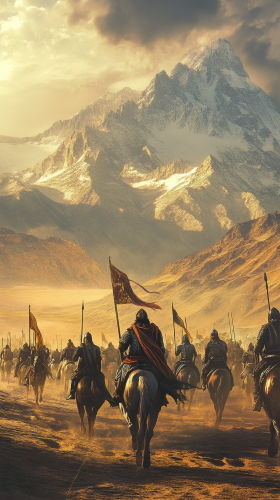Mahmud of Ghazni leading army across vast plains.