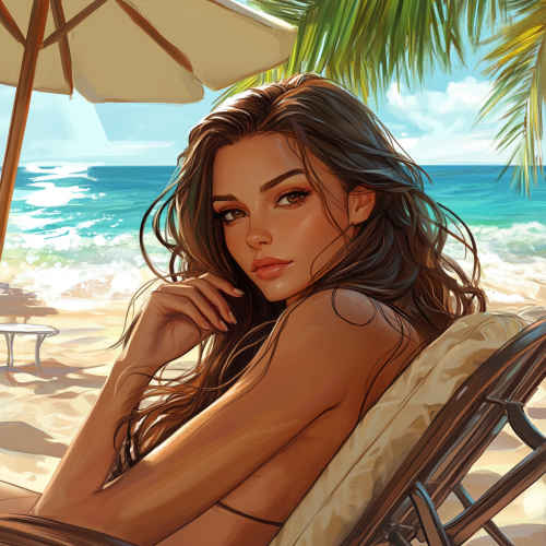 Main female character with long hair, dark eyes. Beach scene.