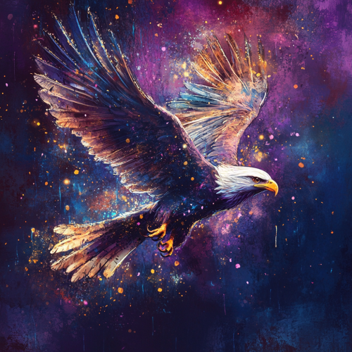 Majestic bird in flight with falling feathers design.