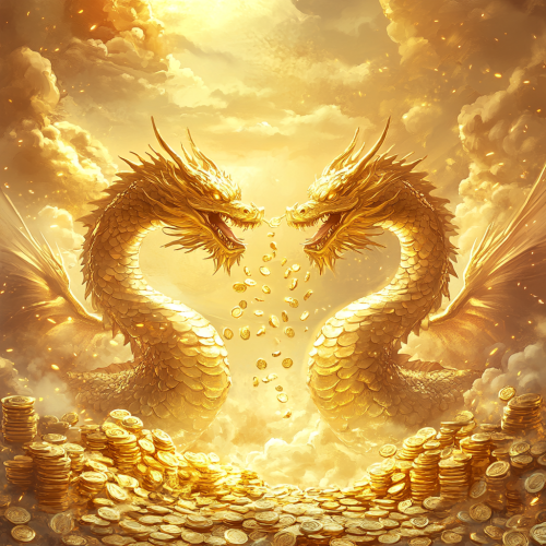 Majestic golden dragons hoarding gold treasures extravagantly