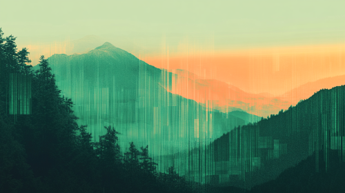 Majestic mountains blend into glitchy, pixelated horizon