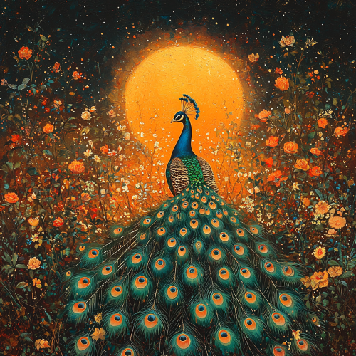 Majestic peacock with vibrant tail against glowing sun.