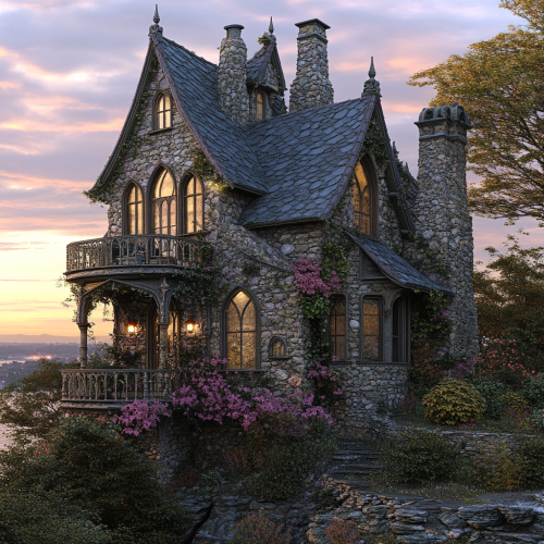Majestic stone cottage with garden at dusk