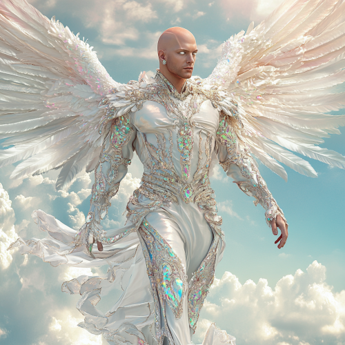 Male Angel with bald head, white eyes, Opal crown, pearlescent white clothes. Flying in cloudy sky.