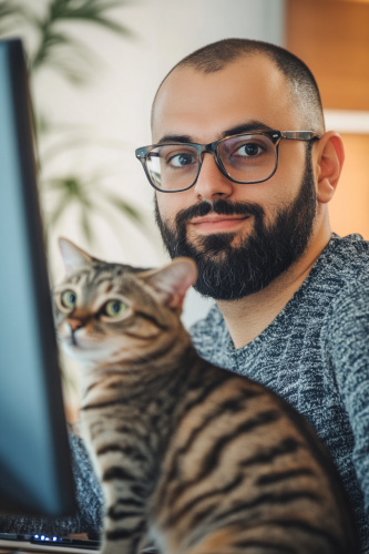 Male Arab sales manager wearing glasses in video meeting.