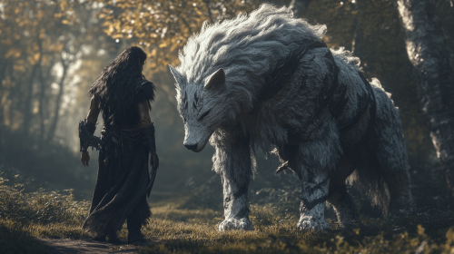 Male dark elf ranger in nature with large companion.