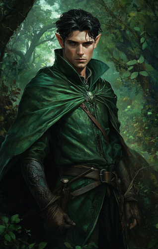 Male druid rogue in green tunic with forest background.