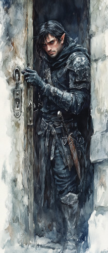 Male elf rogue picks door lock in eerie city.