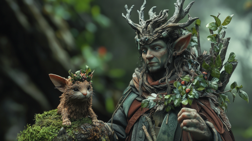 Male halfling Druid in dark fantasy scene with animal.