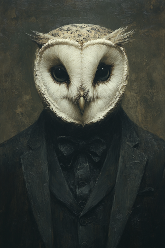 Male with owl head in vintage black attire art. Male with owl head in vintage black attire art.