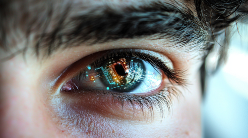 Man's eye with technology symbols showing AI advancements
