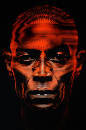 Man's head in white shirt with orange lines.