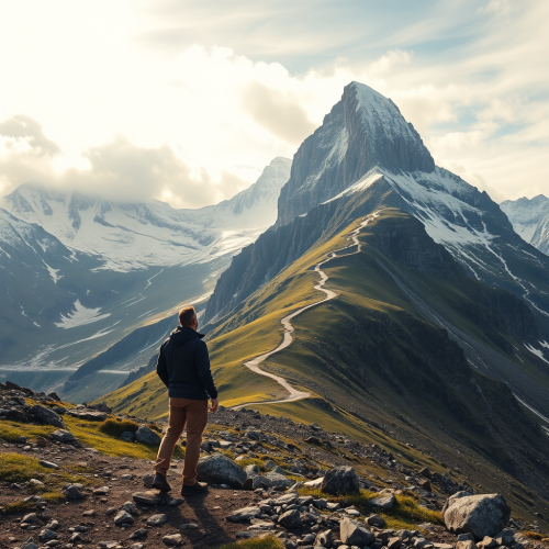 Man Contemplating Journey to Snow-Covered Mountain Summit
