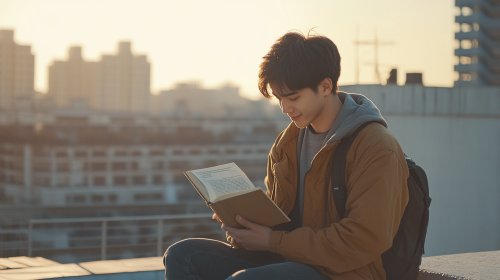 Man Reading Book on Sunny Rooftop with City View