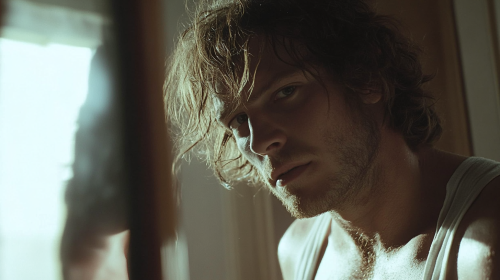 Man Reflecting in Mirror After Exhausting Exercise