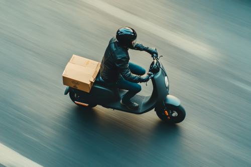 Man Riding Sleek Electric Scooter with Pizza Box