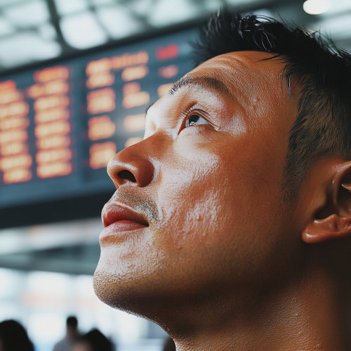 Man Smiling at Flight Board in Airport Display