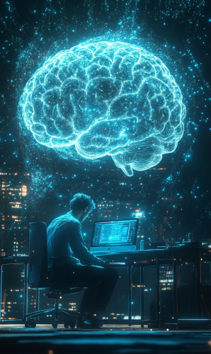Man Typing at Desk with Oversized Brain Illustration