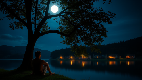 Man Under Tree Observing Illuminated Village by Lake