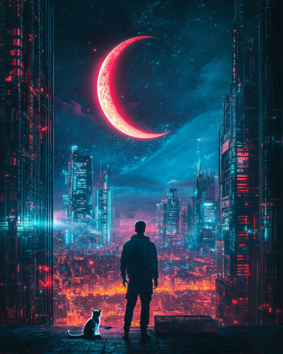 Man and cat in cyber city under cosmic skies.