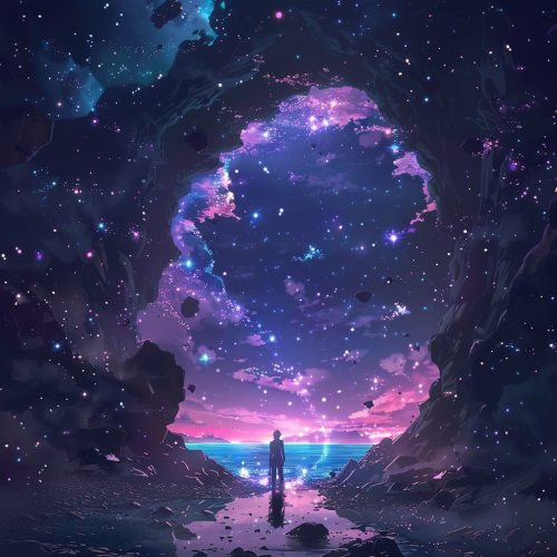 Man entering mesmerizing portal of stars and opals.