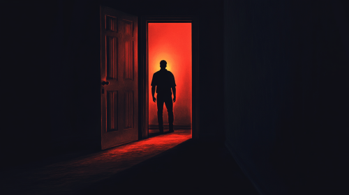 Man enters door into light within dark, red realism.