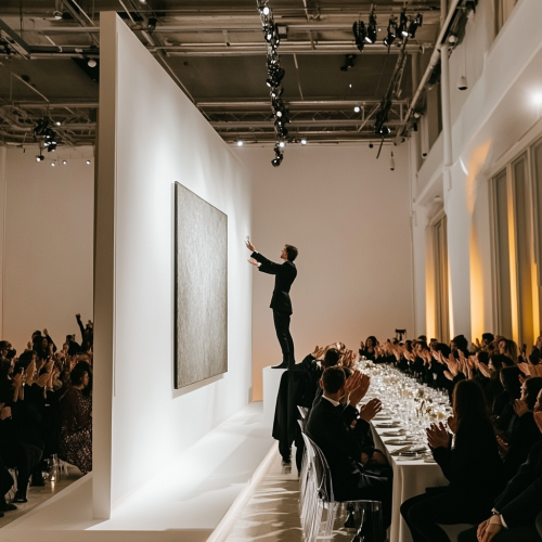 Man hangs large painting in fashionable runway show setting. Man hangs large painting in fashionable runway show setting.