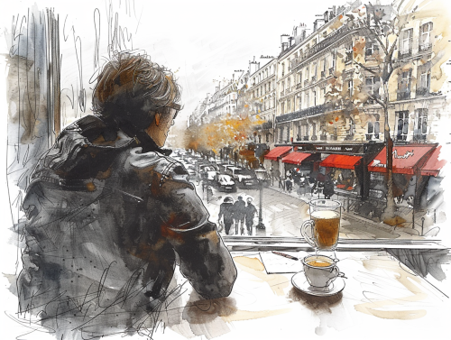 Man in Cafe with Coffee and Dessert, Rainy Cityscape