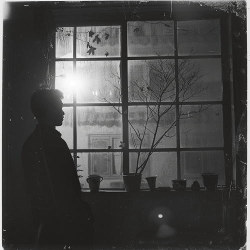 Man in Korean apartment, night, cinematic black-white style