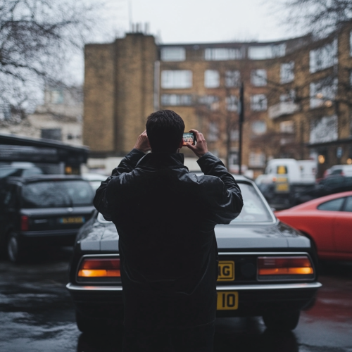 Man in London parking lot takes car plate photo.
