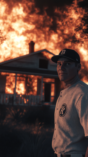 Man in baseball uniform smiles in front of burning house
