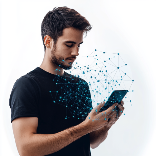Man in black shirt holding phone with blue neural network.